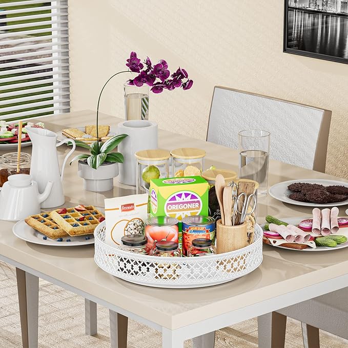 Ovicar Lazy Susan Organizer Turntable - 11 inch Rotating Spice Rack Metal Lazy Susan for Cabinet Pantry Kitchen Countertop Dining Table Cupboard Bathroom Refrigerator Vanity (11 inch White)