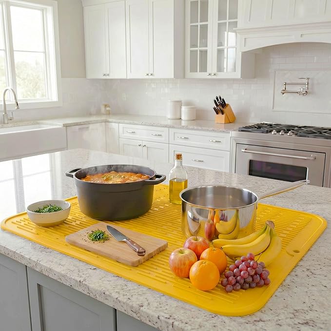 MicoYang Silicone Dish Drying Mat for Multiple Usage,Easy clean,Eco-friendly,Heat-resistant Silicone Mat for Kitchen Counter or Sink,Refrigerator or Drawer Liner Yellow 2XL 24 inches x 18 inches