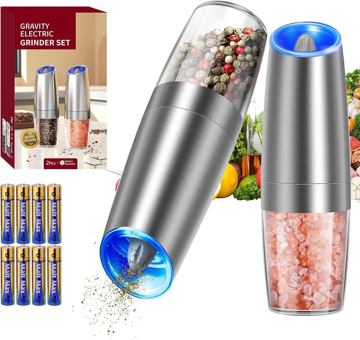 CIRCLE JOY Gravity Electric Salt and Pepper Grinder Set – Automatic LED Light Salt & Pepper Mills