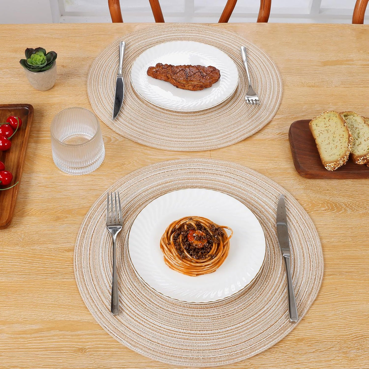 SHACOS 15 inch Round Braided Placemats Set of 6 Cotton Polyester Place Mats Non Slip Heat Resistant Washable Table Mats for Kitchen Dining Party Table Decor (Beige, 6)
