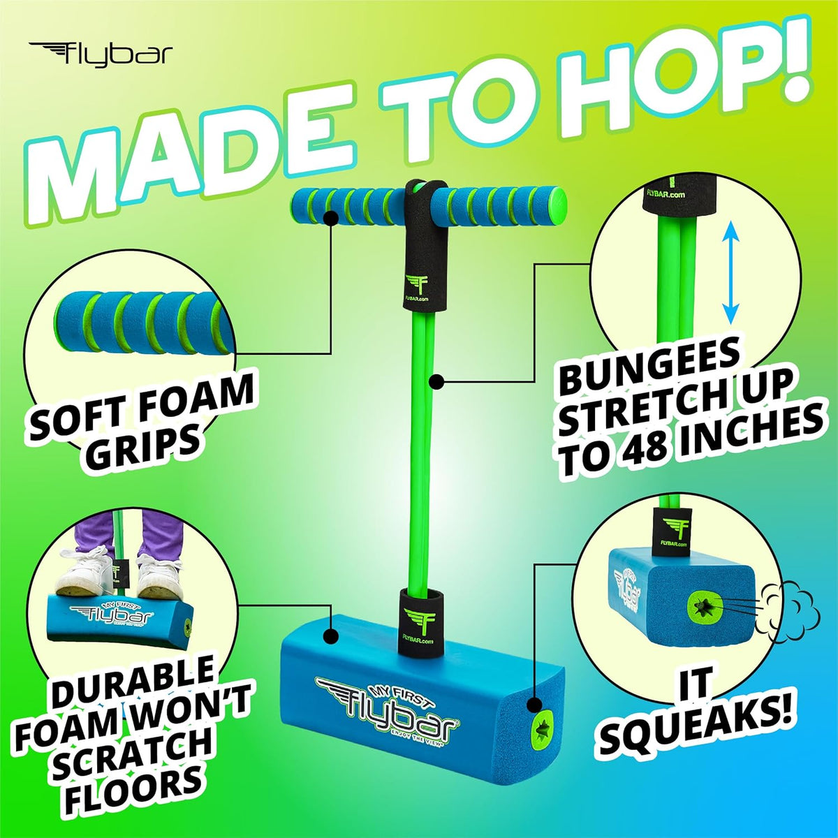 Flybar My First Foam Pogo Jumper for Kids Fun and Safe Pogo Stick for Toddlers, Durable Foam and Bungee Jumper for Ages 3 and up, Supports up to 250lbs