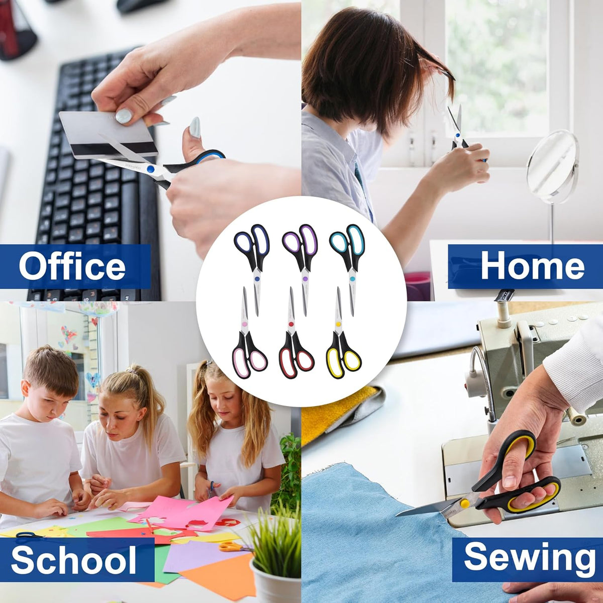 Scissors, BOOMIBOO 8" All Purpose 6 Pack - Comfort-Grip Scissors for Office Desk Accessories Sewing Fabric Home Craft School Supplies, Teacher/Class Supplies, Right/Left Handles