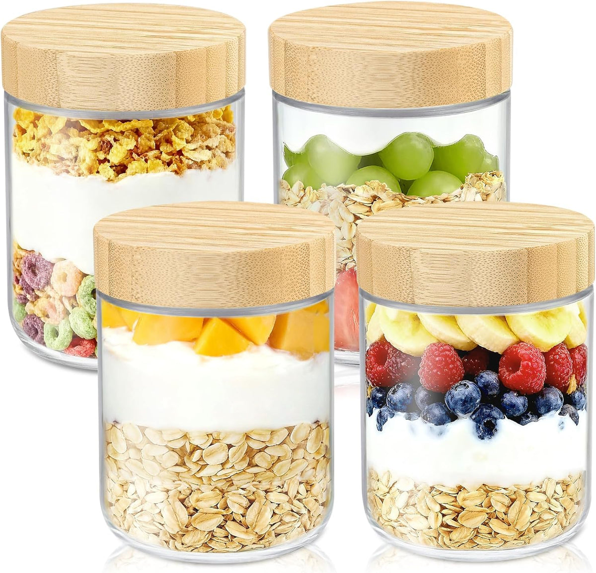 DRKIO 16 Oz Overnight Oats Containers with Bamboo Lids - 4 Pack Glass Storage Jars with Airtight Lids Wide Mouth Mason Food Jars Great for Meal Prep Salad Chia Pudding Snacks Yogurt Sugar Spice Cereal