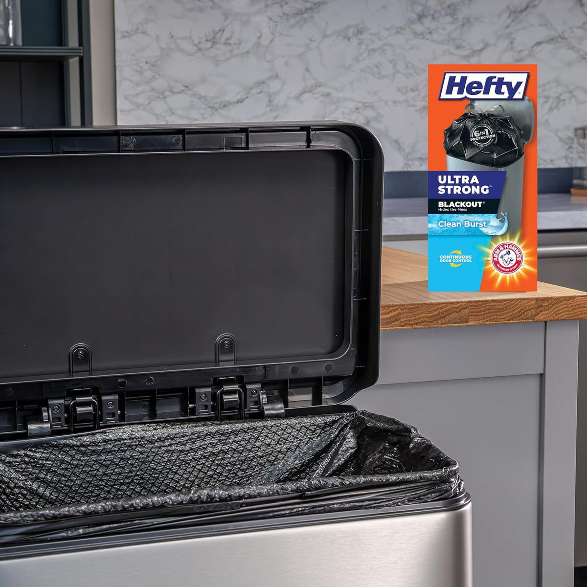 Hefty Ultra Strong 13 Gallon Trash Bags, Black Tall Kitchen Trash Bags 13 Gallon Size, Break Resistant Drawstring Enclosure, Continuous Odor Control, Blackout, Clean Burst Scent, 40 Bags