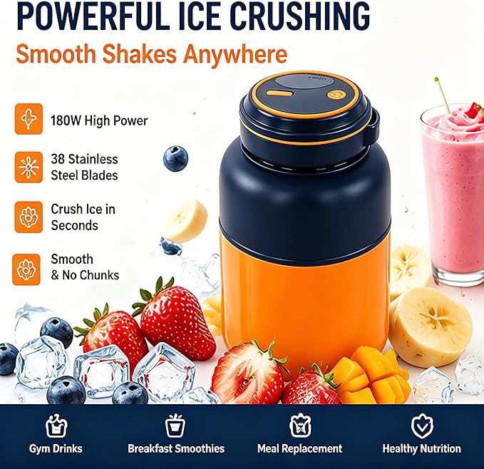 Portable Wireless Juicer Cup for Protein Shakes & Smoothies, 45oz USB-C Rechargeable Blender with 38 Stainless Steel Blades for Ice, Frozen Fruit, Gym, Travel & Camping (Blue, 44, Fluid Ounces)