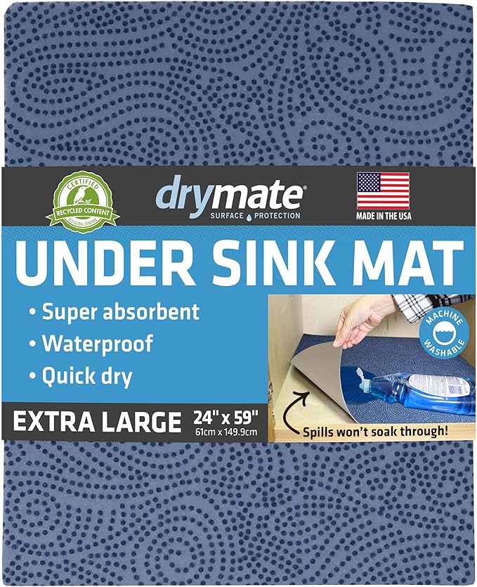 Drymate Premium XL Under Sink Mat, Waterproof Cabinet Protection Mats for Kitchen & Bathroom, Absorbent Shelf Liners, Slip-Resistant, Non-Adhesive, Machine Washable (USA Made)(24”x59”)(Blue)