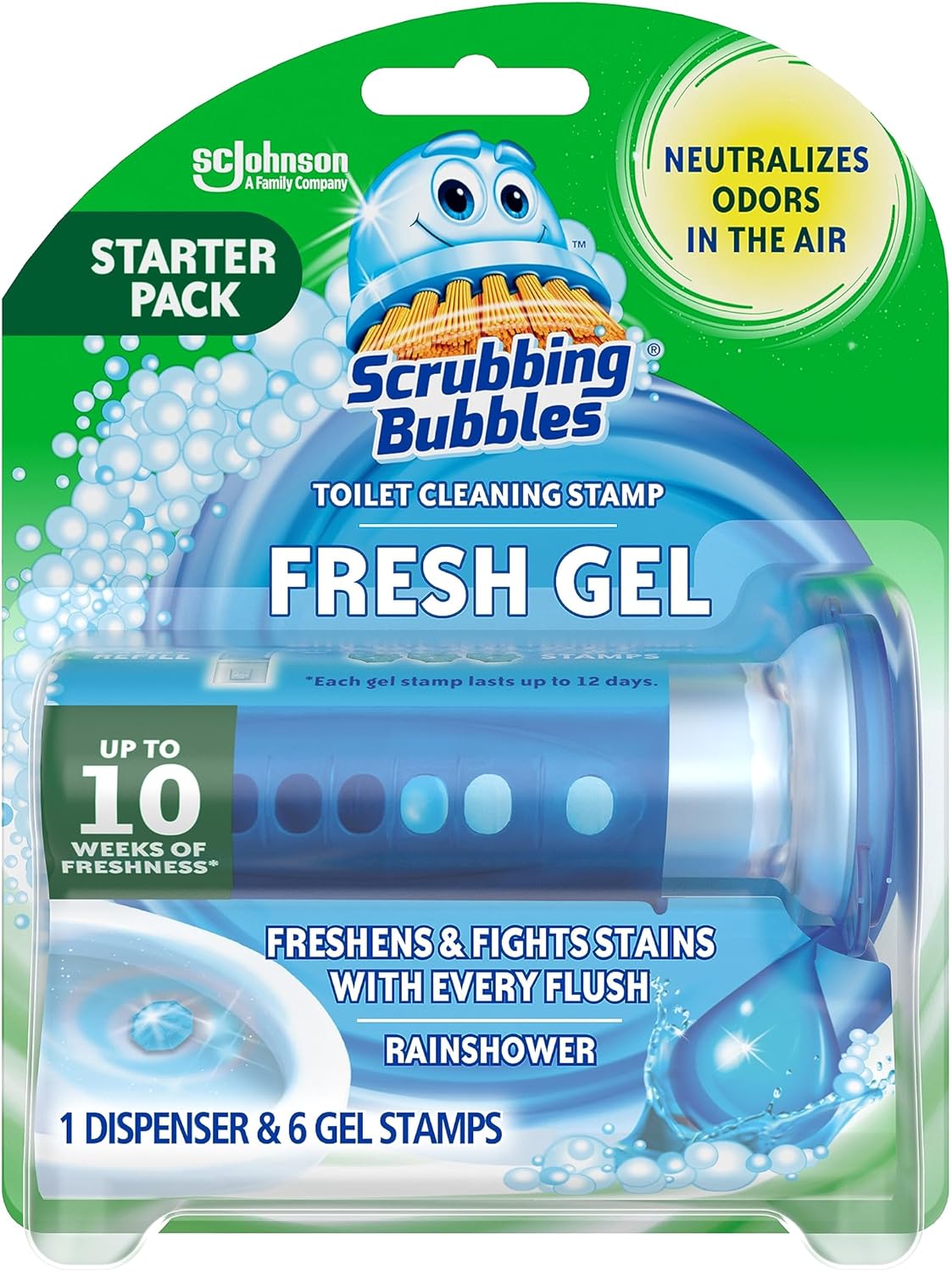 Scrubbing Bubbles Fresh Gel Toilet Bowl Cleaning Stamps, Helps Keep Toilet Clean and Helps Prevent Limescale & Rings, Rainshower Scent, 1 Dispenser with 6 Fresh Gel Stamps