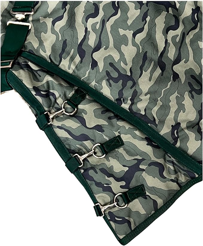 AJ Tack 1200D Waterproof Winter Horse Blanket with Hood - 400g Heavyweight Turnout with Fleece Collar, Shoulder Gussets & Tail Flap - Camouflage 70"