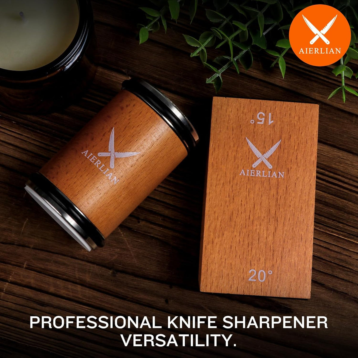 Knife Sharpener Tool, Rolling Knife Sharpener Kit, Knife Sharpening with Diamonds and Ceramic for Steel of Any Hardness, Kitchen knife Sharpener with 15 & 20 Degree Magnetic Angle(Brown)