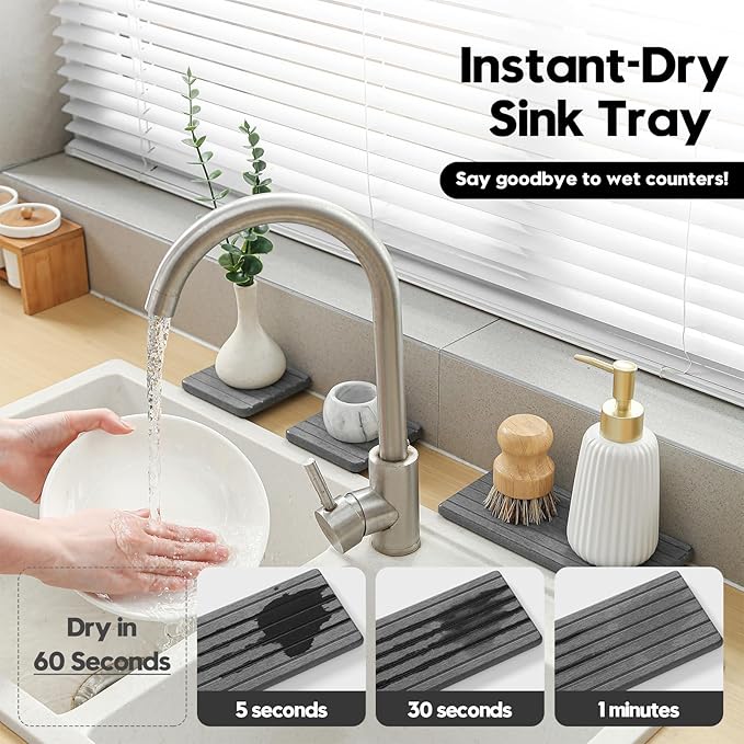 3 Pack Diatomite Stone Sink Tray, Water Absorbing Mat for Kitchen & Bathroom Counter, Quick Dry Soap Dish Makeup Vanity Caddy,Sponge Holder Organizer, Dark Gray 1pc of 8"x 3.8" and 2pcs of 3.8"x 3.8"
