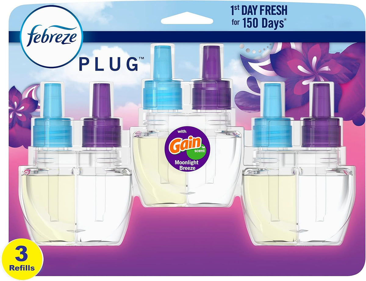 Febreze Plug In Air Freshener, Odor-Fighting Scented Oil Refill, Gain Moonlight Breeze, 3 Refills