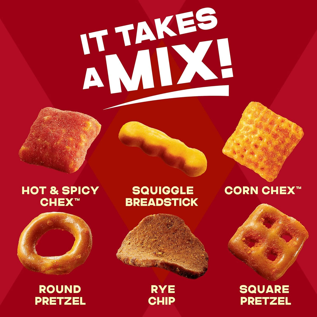 Chex Mix Hot and Spicy Snack Mix, Savory Snack Bag, Family Size, 13.5 oz