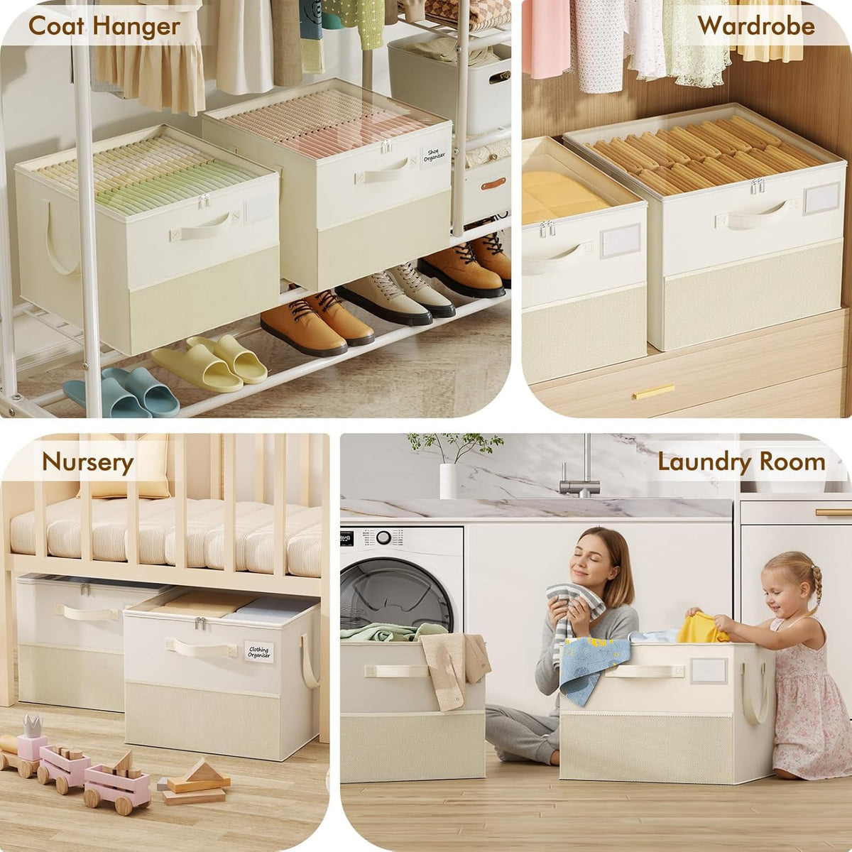 2 Pack Shoe Organizer for Closet, Large Shoe Box Storage Containers, Foldable Shoe Storage Organizer Box Bin with Adjustable Dividers and Clear Cover, Space Saving Shoes Holder, Beige