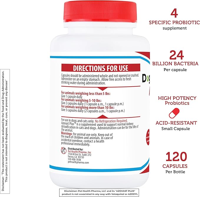 Azovast Plus Kidney Health Supplement for Dogs & Cats, 120ct - NO Refrigeration Required - Help Support Kidney Function & Manage Renal Toxins - Renal Care Supplement Capsule(U.S.A) (120 Caps)