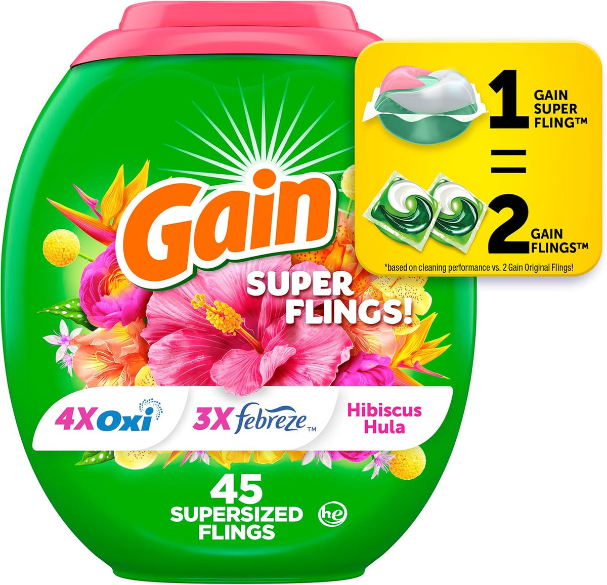 Gain Super Flings Laundry Detergent Pacs, 45 Count, Hibiscus Hula scent, irresistibly clean and fresh washing detergent laundry soap pacs