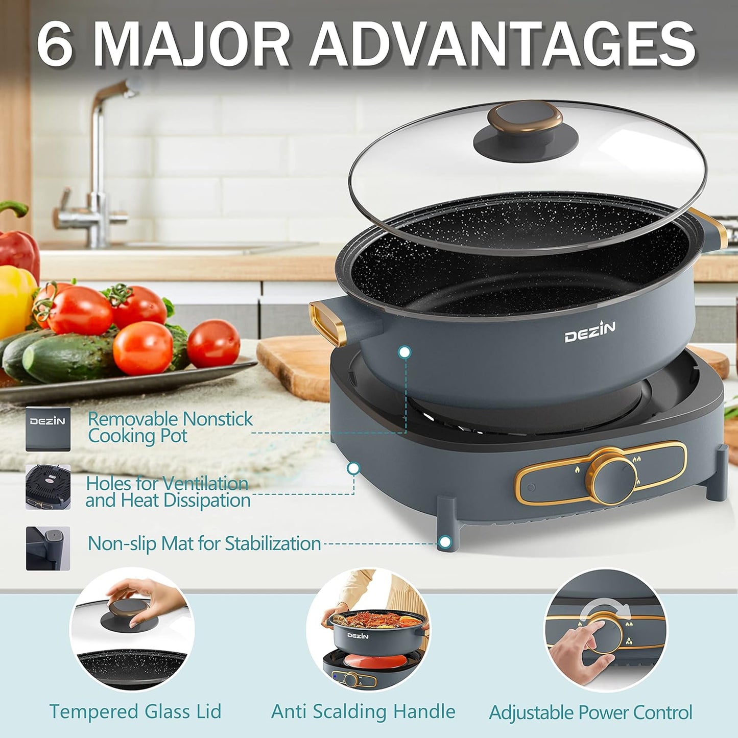 Dezin Electric Shabu Shabu Pot with Removable Pot, 5L Non-Stick Hot Pot Electric with Multi-Power Control, 3.7" Depth Electric Pot with Tempered Glass Lid for Party, Family and Friend Gathering