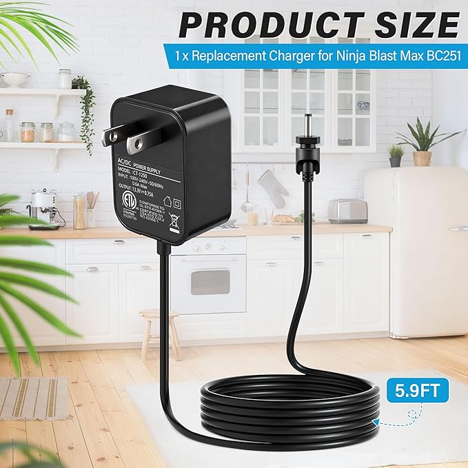 Replacement Charger Compatible with Ninja Blast Max BC251 Portable Blender, 13.3V 0.75A Power Adapter, 5.9FT Cord 100-240V AC Charger for Personal Smoothie Juicer Blender