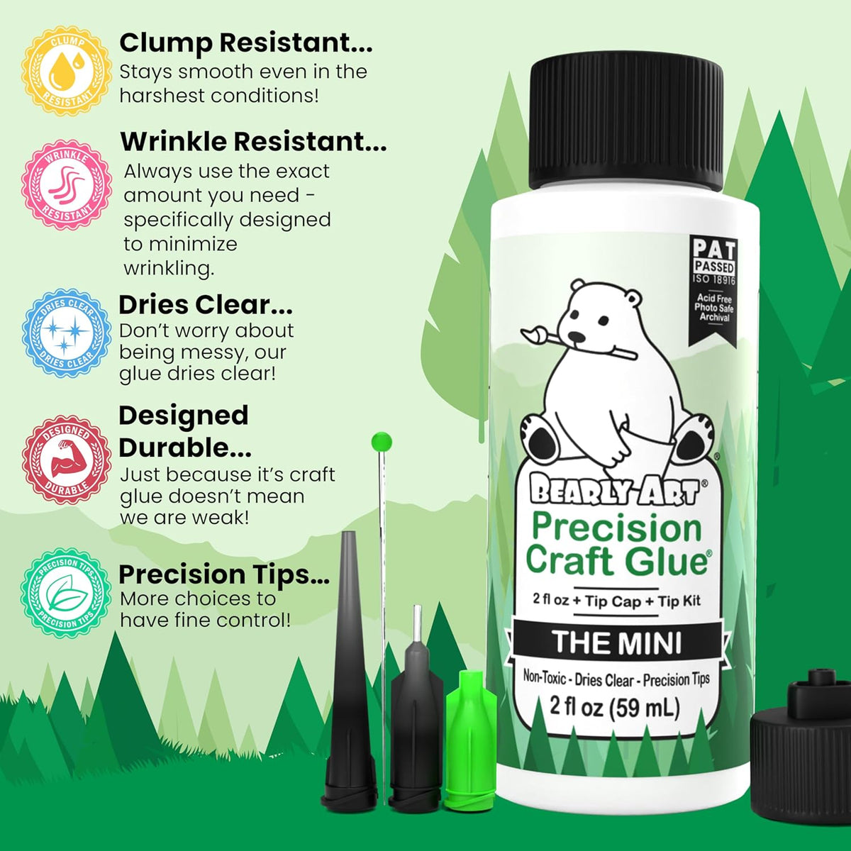 Bearly Art Precision Craft Glue - The Mini - 2fl oz with Tip Kit - Acid Free Archival - Strong Hold Adhesive - Ideal for Fine Paper Crafting Scrapbooking and Card Making - Made in USA