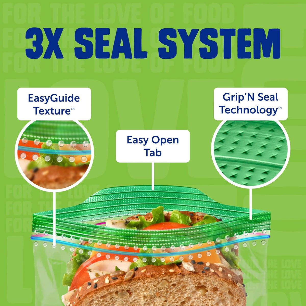 Ziploc XL Sandwich and Snack Bags with EasyGuide Texture, Plastic Storage Bags with Grip 'n Seal Technology, 90 Bags Total