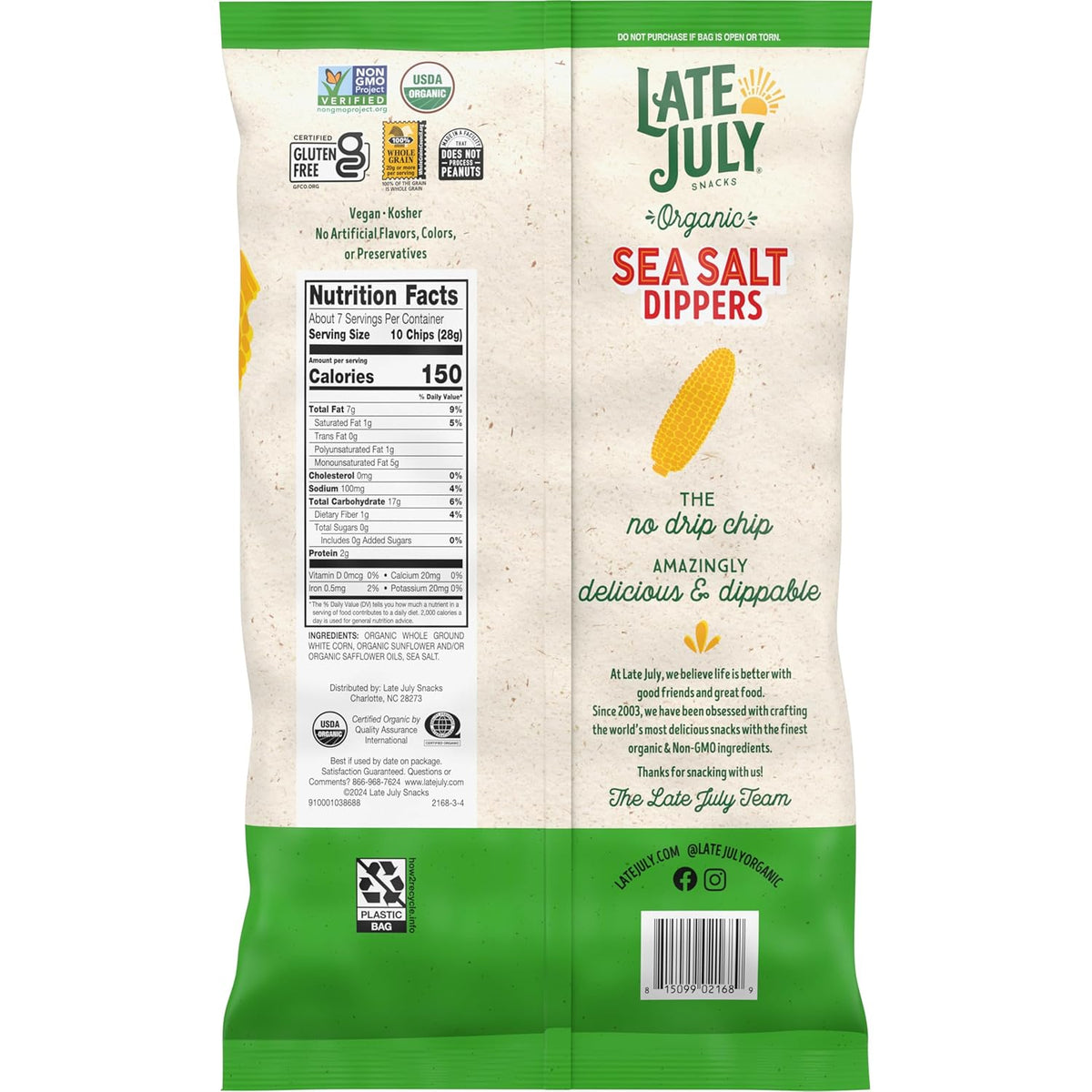 Late July Sea Salt Dippers Organic Tortilla Chips, 7.4 Oz Bag