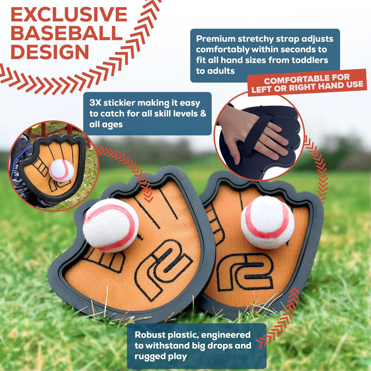 Toss and Catch Ball Game Set - Easy to Use Sticky Balls & Beginner Baseball Training Glove - Premium Toy Paddle Fits All Hand Sizes From Toddlers to Teens & Adults - Fun Gift Idea for Boys and Girls