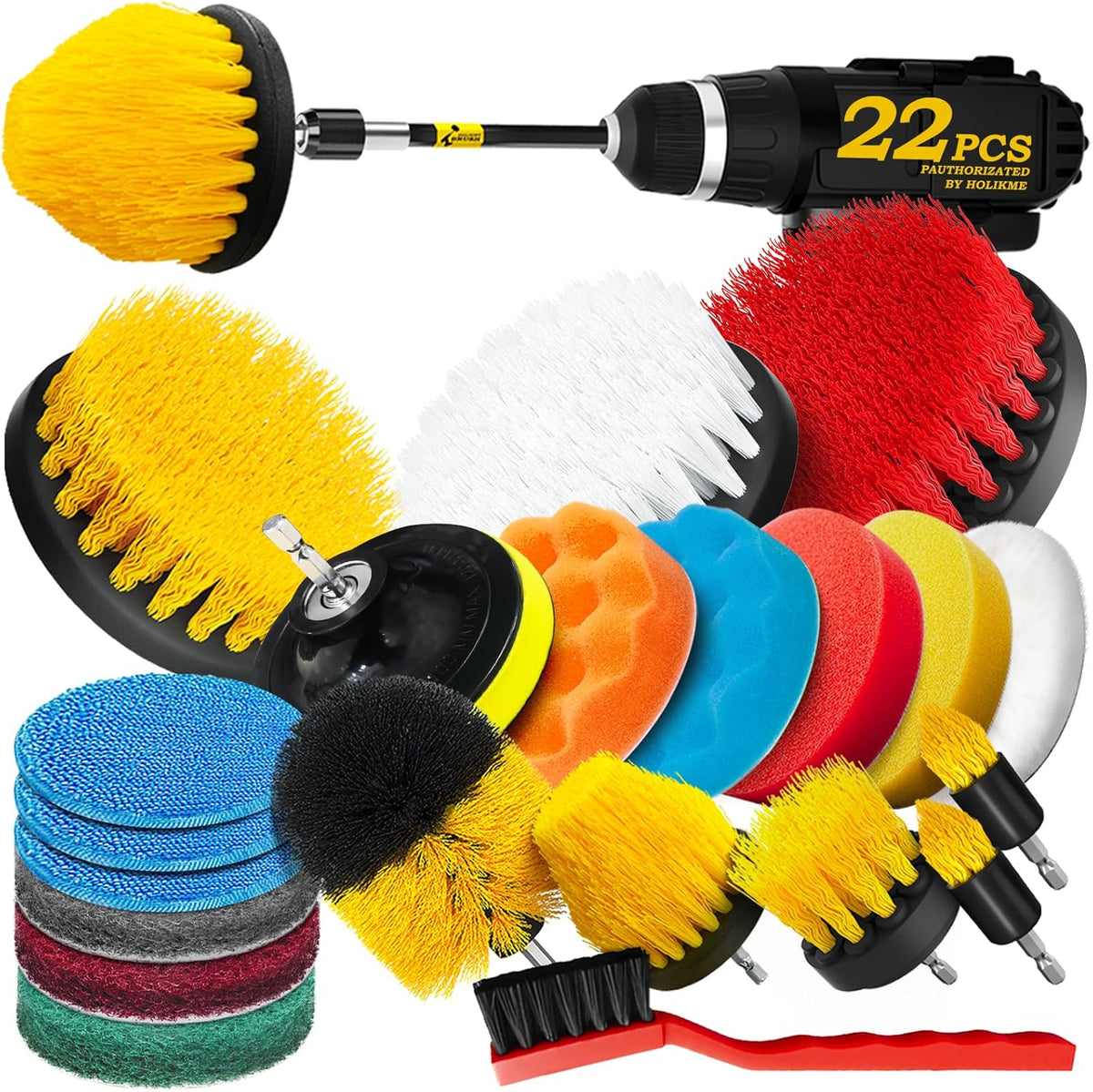 Holikme 22Pack Drill Brush Attachments Set,Scrub Pads & Sponge, Buffing Pads,Power Scrubber Brush,Car Polishing Pad Kit,Wax Applicator Pad,Car Cleaning Kit,Masonry Brushes,Cleaning Supplies