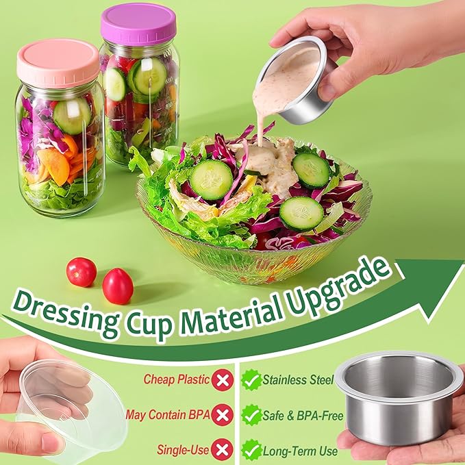 KTKUDY 4 Pack 32 oz Glass Salad Jars with Dressing Cups (Pod) - Meal Prep Salad Container for Lunch - Leakproof Mason Jars with Lids