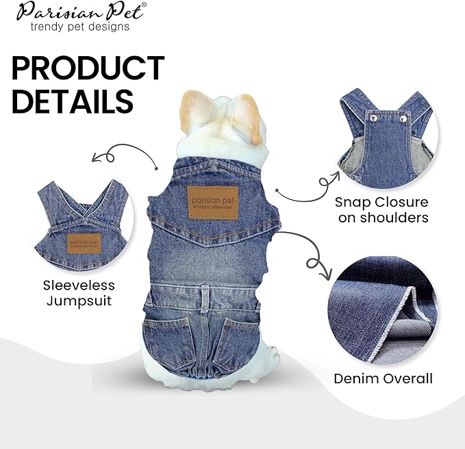 Parisian Pet Denim Overall - Blue Dog Jeans Outfit - Breathable Puppy Jumpsuit Costumes - Machine Washable Overall for Dogs - Dog Clothes for Medium Sized Dogs - M