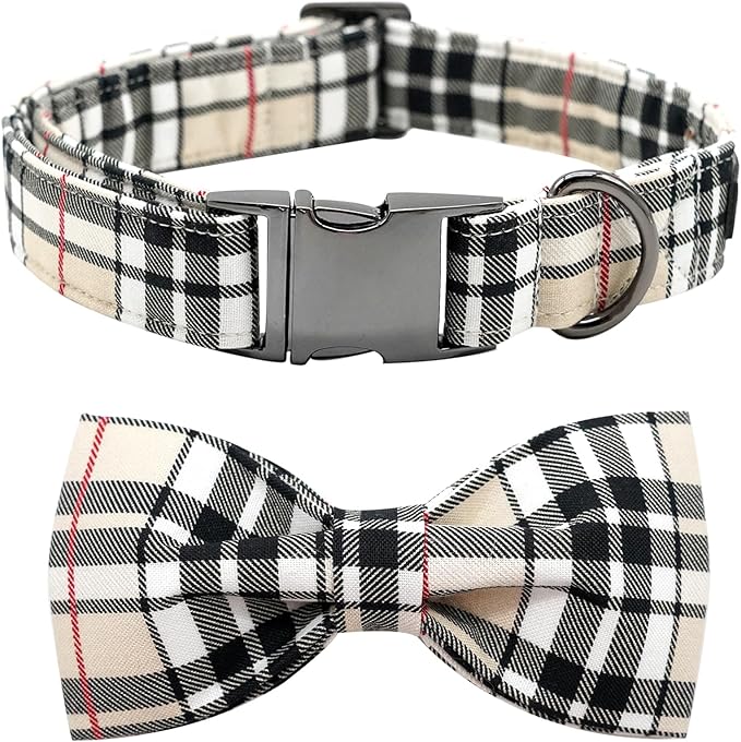 Dog Collar, Bow Dog Collar Plaid Pet Collar Dog Cute Pet Bow Soft Girl or Boy Dog Collars with Metal Buckle Adjustable Collar for X-Large Dogs