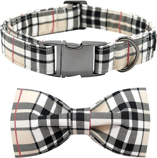 Dog Collar, Bow Dog Collar Plaid Pet Collar Dog Cute Pet Bow Soft Girl or Boy Dog Collars with Metal Buckle Adjustable Collar for Small Puppy
