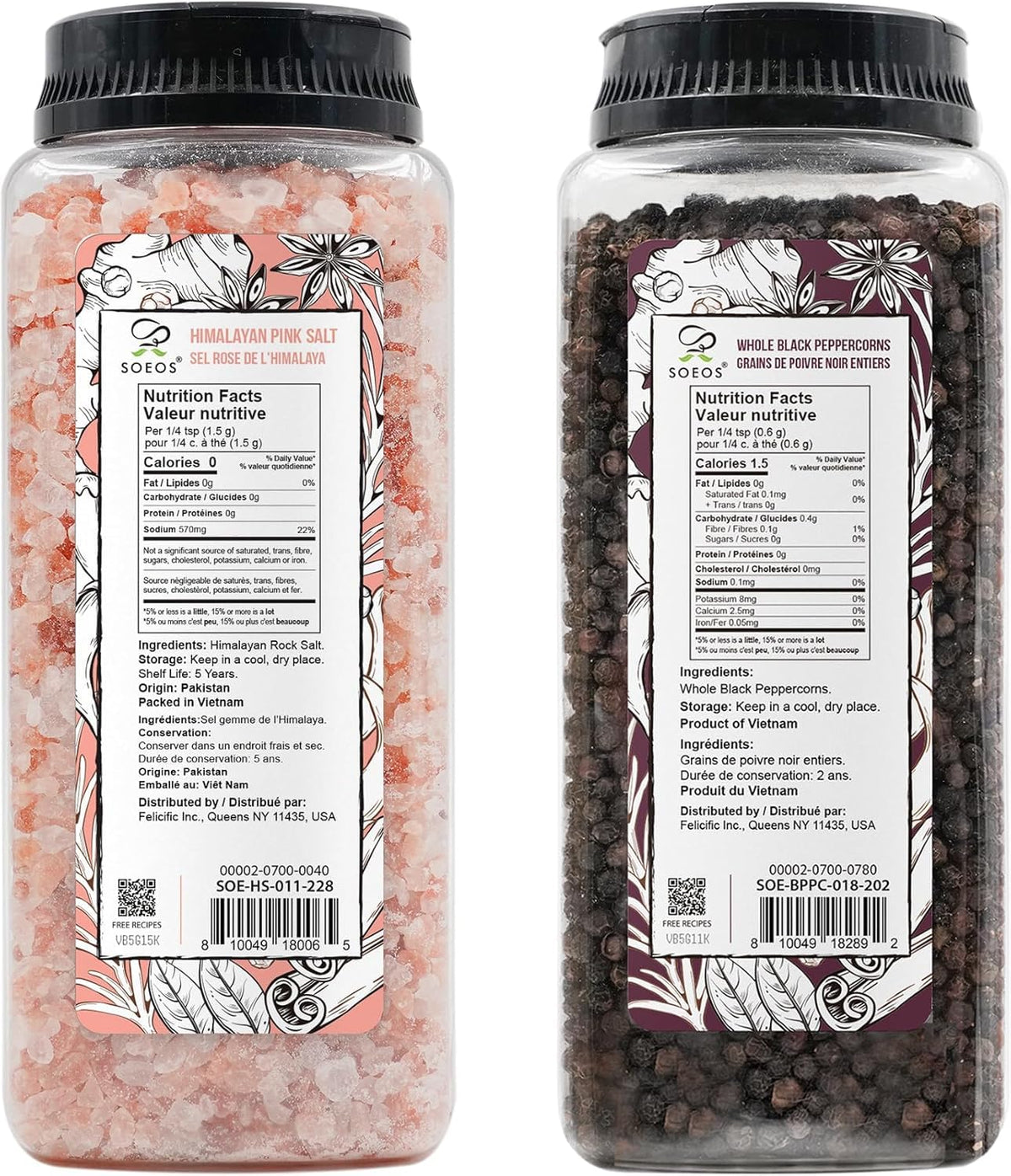 Soeos Himalayan Pink Salt 39 oz + Whole Black Peppercorns 18 oz, Coarse Grain, Kosher Salt for Grinder Refill, Salt and Pepper Grinder, Non-GMO Verified, Spice Seasoning Set for Cooking