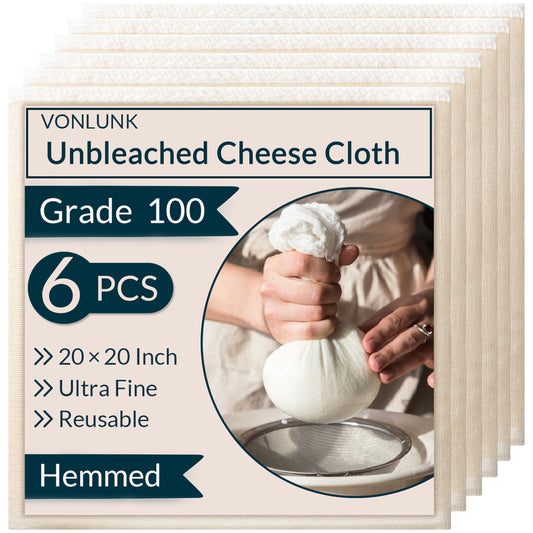 6-Pack Beige Cheesecloth, 20x20 Inch Hemmed Cheese Cloth for Straining, Reusable Unbleached Cotton Strainer for Cooking, Baking, Juicing, and Cheese Making (Grade 100)