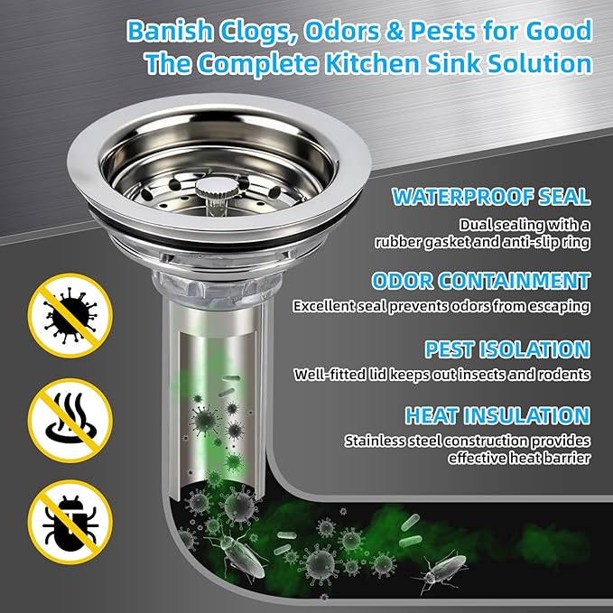 Kitchen Sink Drain Assembly, Stainless Steel Basket Strainer with Knob, 3-1/2 Inch Sink Drain Stopper Plug, Threaded Plastic Sink Strainer Tailpiece 1-1/2 in