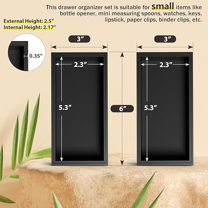 Kitchen Drawer Organizer Bins, Black Bamboo Drawer Organizer Stackable for Silverware, Utensils, Cutlery, Flatware, for Junk Drawer, Dresser, Bathroom, 6" x 3" x 2.5" (Set of 2)