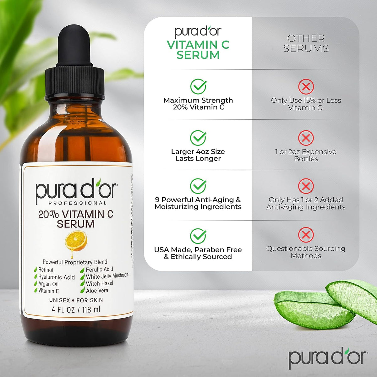 PURA D'OR 20% Vitamin C Serum 4 Oz - Lightweight Maximum Strength Formula - Retinol, Hyaluronic Acid, Ferulic Acid - Professional Grade Treatment For Face & Eyes, Wrinkles - Men & Women