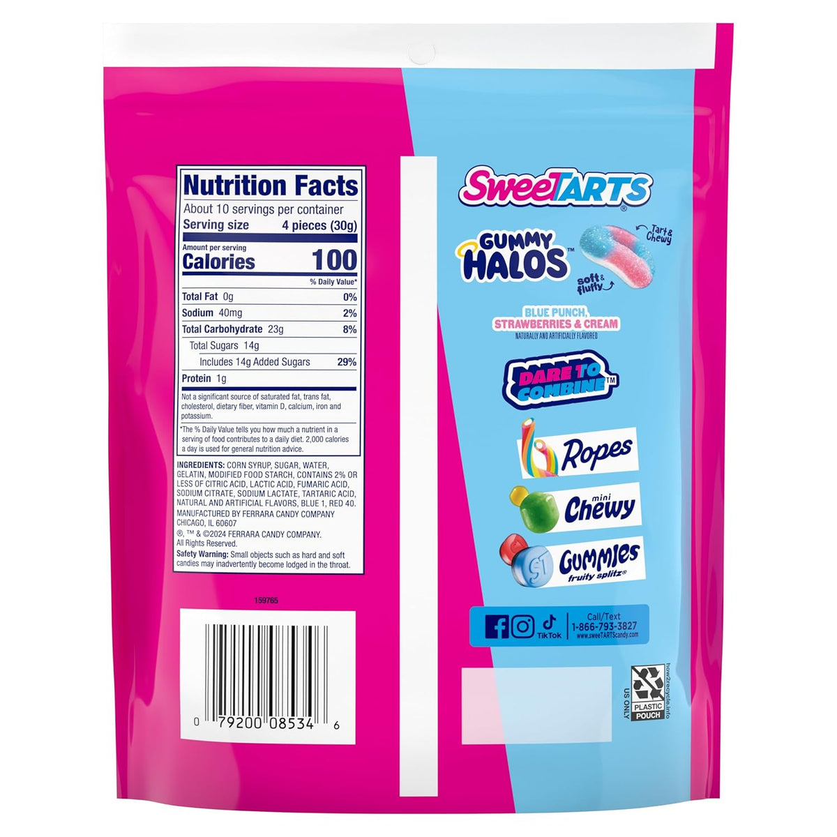 SweeTARTS Halos, Candy, Blue Punch and Strawberries and Cream, Tart and Chewy, Soft and Fluffy, 11 oz