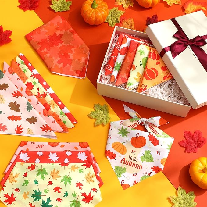 Weewooday 50 Pcs Fall Dog Bandanas Bulk Pumpkin Maple Leaves Thanksgiving Autumn Bandanas for Bibs Adjustable Scarf for Small Medium Large Pets Cats Costume(Leaves Pattern, 31.5 x 21.7 X21.7 Inch)