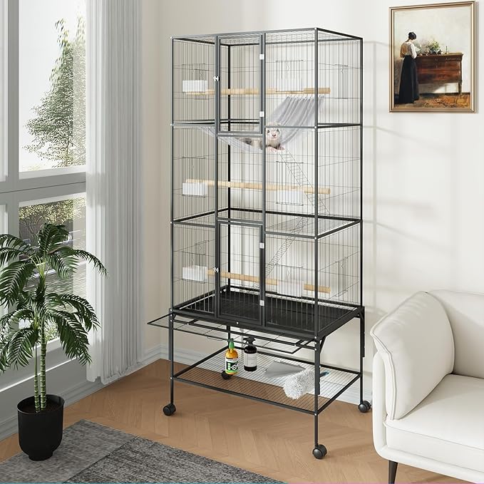 69 Inch Large Bird Flight Cage Rolling Parrot Cage with Storage Shelf for Mid-Sized Birds, Macaw Cockatiels Conures Parakeets Budgie Finch Black