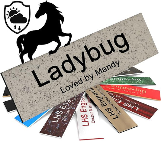 Personalized Horse Stall Name Plates, 2x10 Horse Stall Signs with Adhesive, All Weather UV Protected, Stone Granite Pattern Plastic Black Letters - Made in USA - S3