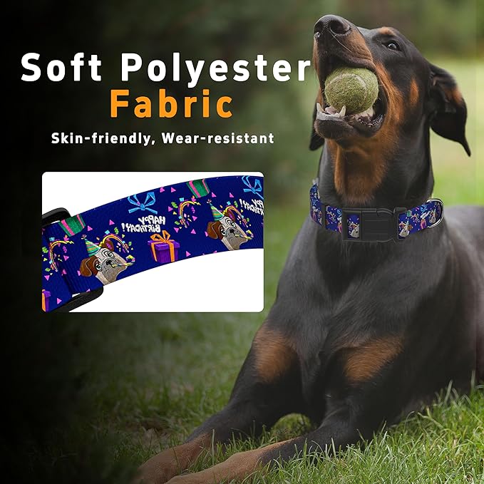 Dog Collar, Classical Birthday Gift Boys Girls Puppy Collar for Small Medium Large Dogs, Adjustable Soft Pet Collar with Safety Buckle for Male Females(Purple Birthday, XL)