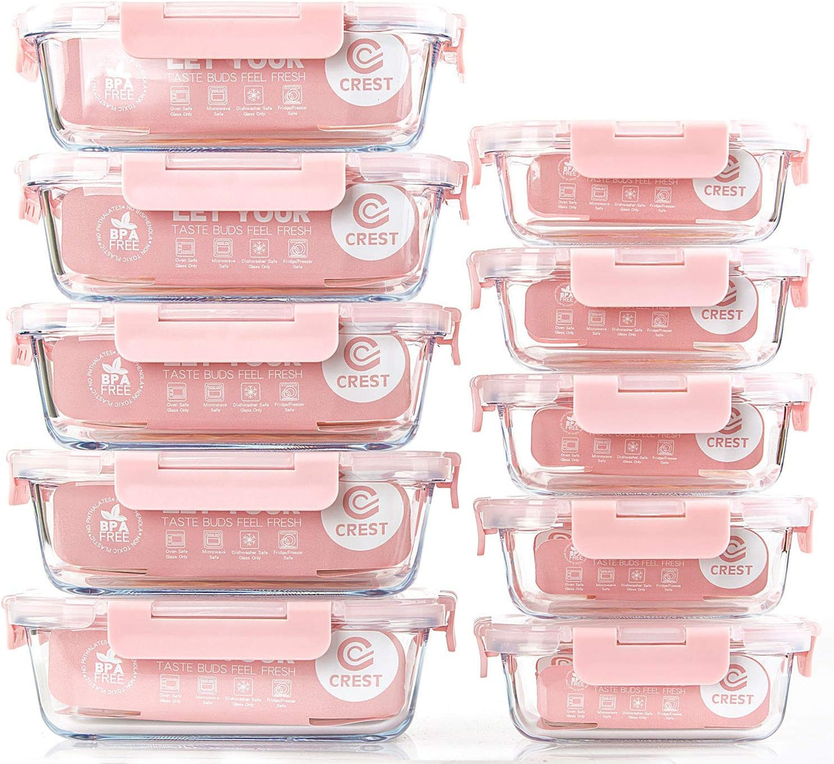 C CREST [10 Pack] Glass Meal Prep Containers, Food Storage Containers with Lids Airtight, Glass Lunch Boxes, Microwave, Oven, Freezer and Dishwasher Safe
