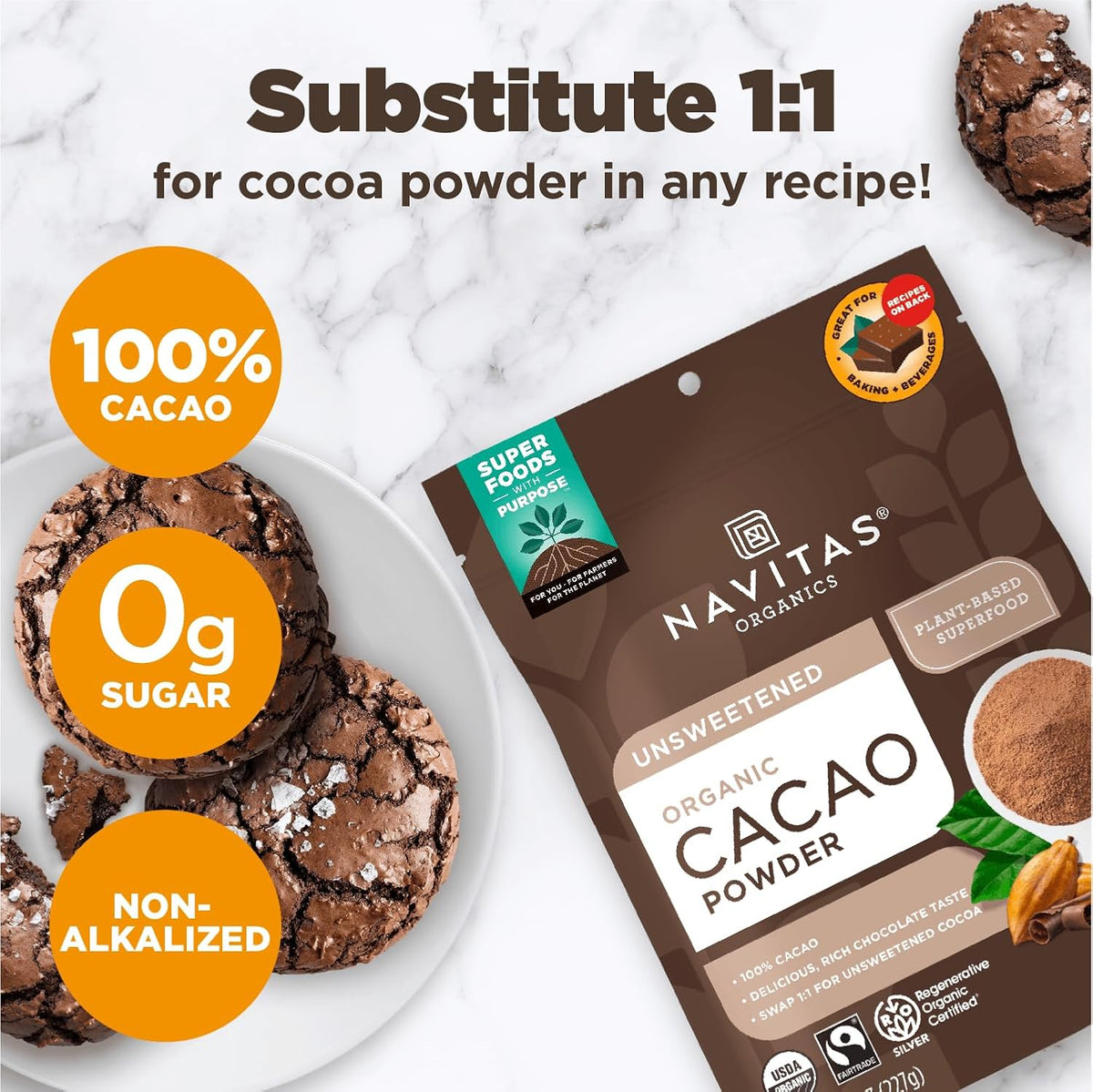 Navitas Organics Cacao Powder - Cocoa Powder Substitute 1:1, For Hot Chocolate, Baking & More - Regenerative Organic Certified, Non GMO, Fairtrade, Gluten Free, Non-alkalized (24oz. Bag, 113 Servings)