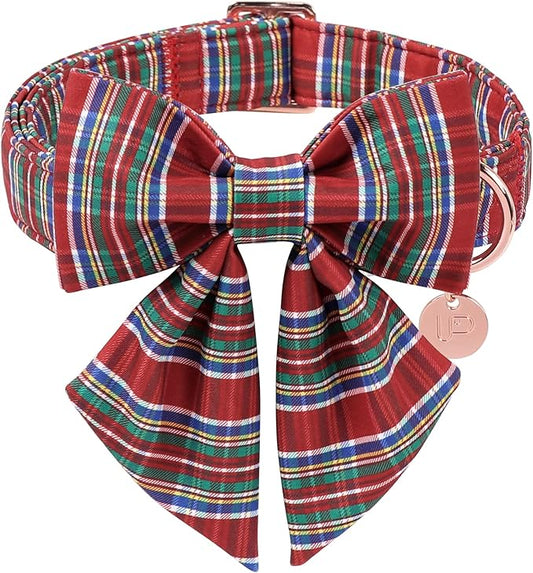 Christmas Plaid Dog Collar with Bow, Red and Blue Check Adjustable Pet Collar with Quick Release, Christmas Stripes Bowtie Collar for Small Medium Large Dogs S