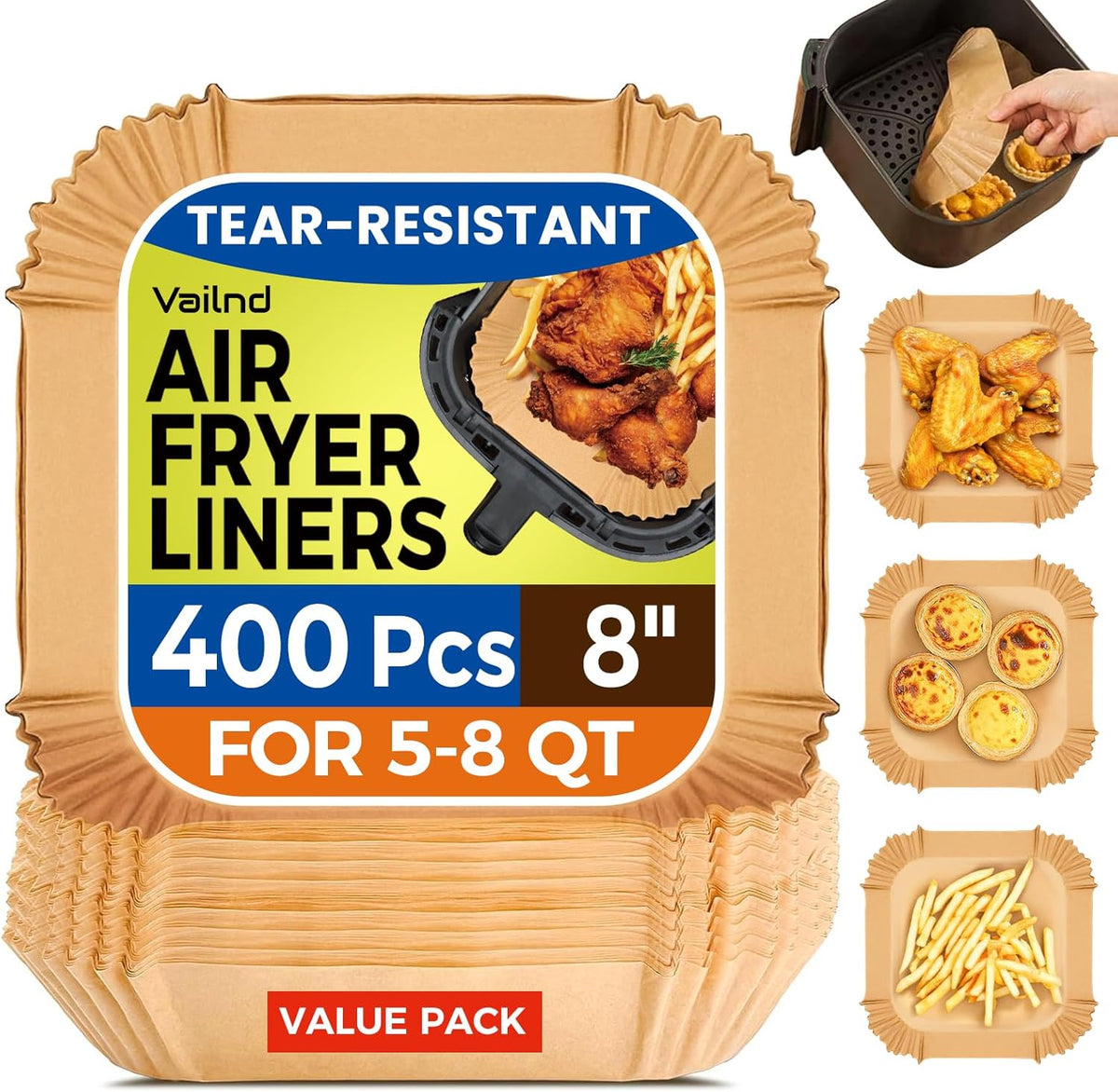 400 Pcs Air Fryer Liners Disposable, 8" Square Heavy-Duty Parchment Paper for 5-8 qt Airfryer Basket, Non-Stick & Grease-Proof Baking Liner for Oven Pan