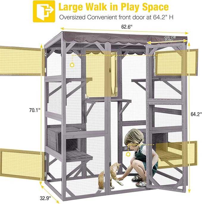 Aivituvin Catio Outdoor Cat Enclosure Large Cat House for Mulitiple Cats Walk in Kitty Cage with Tarp Roof 70"