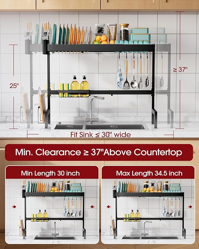 Sakugi Over The Sink Dish Drying Rack, Expandable 2-Tier Stainless Steel Kitchen Storage Organization Accessories for Countertop, Rustproof & Space-Saving, 30"–34.5" L x 12" W x 25" H, Black