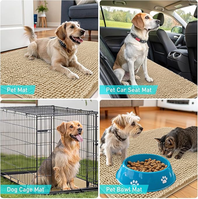 OLANLY Dog Door Mat Set 4-Piece 24x16, Absorbs Moisture and Dirt, Absorbent Non-Slip Washable Doormat, Quick Dry Chenille Mud Mat for Dogs, Entry Indoor Entryway Carpet for Inside Floor, Beige