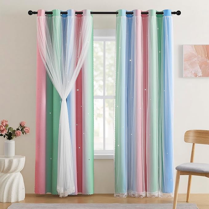 XiDi Pink & Rainbow Curtains for Kids & Girl Rooms