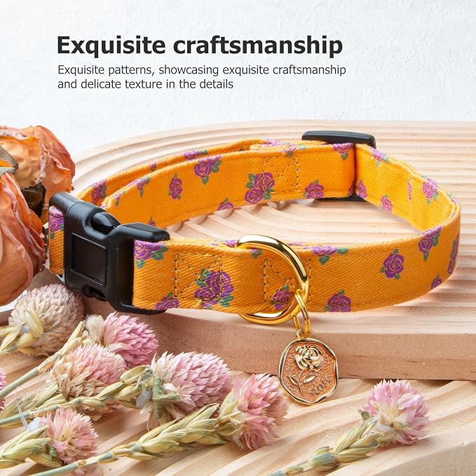 Cotton Handmade Dog Collar Cute and Distinctive Patterns Yellow Rose with Pendant for Girl Boy Dogs Collars S