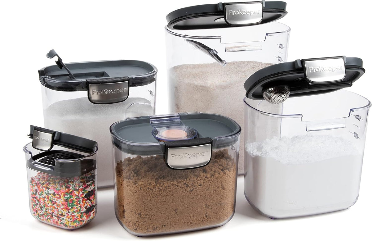 ProKeeper+ Airtight Food Storage Container Set – Clear Plastic Flour and Sugar Canister Set with Magnetic Accessories for Kitchen Organization (Grey, 9-Piece)